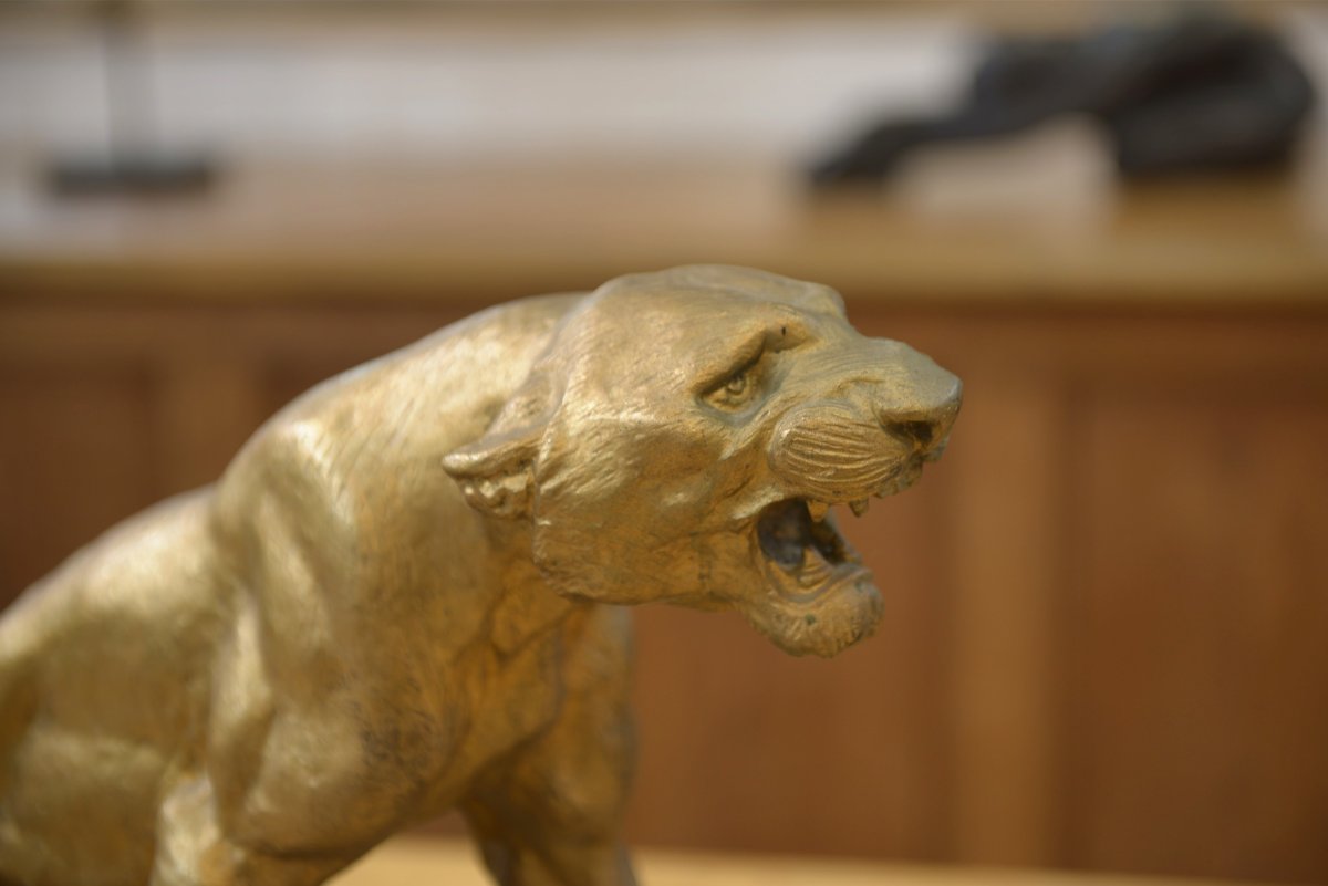 Bronze Panther On A Stone Pedestal, Signed By Thomas Cartier, 1900s-photo-4
