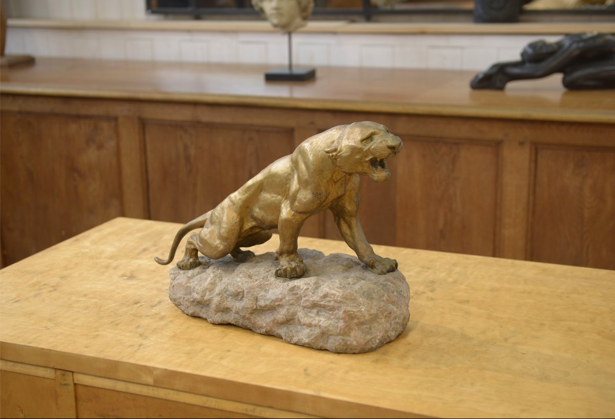 Bronze Panther On A Stone Pedestal, Signed By Thomas Cartier, 1900s-photo-6