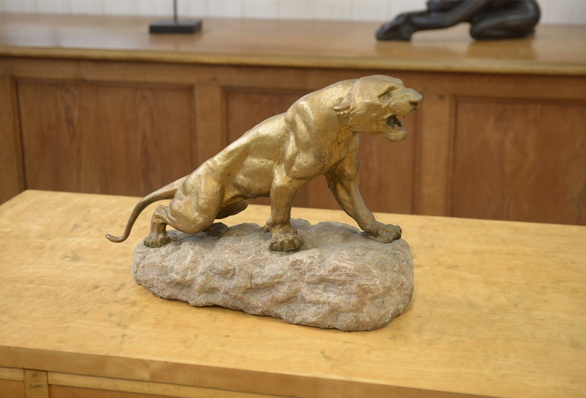 Bronze Panther On A Stone Pedestal, Signed By Thomas Cartier, 1900s