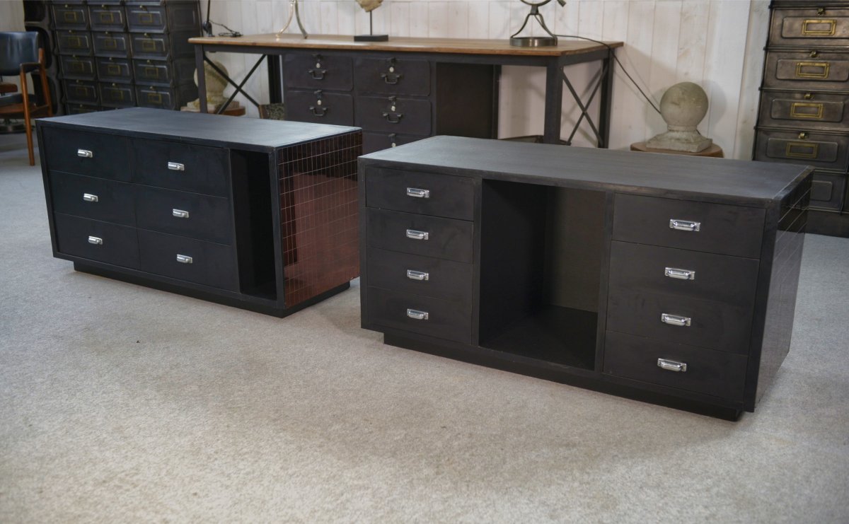 Set Of 2 Vanity Tables/jewelry Counters With Smoked-glass Mirrors And Drawers, From The 1970s-photo-3
