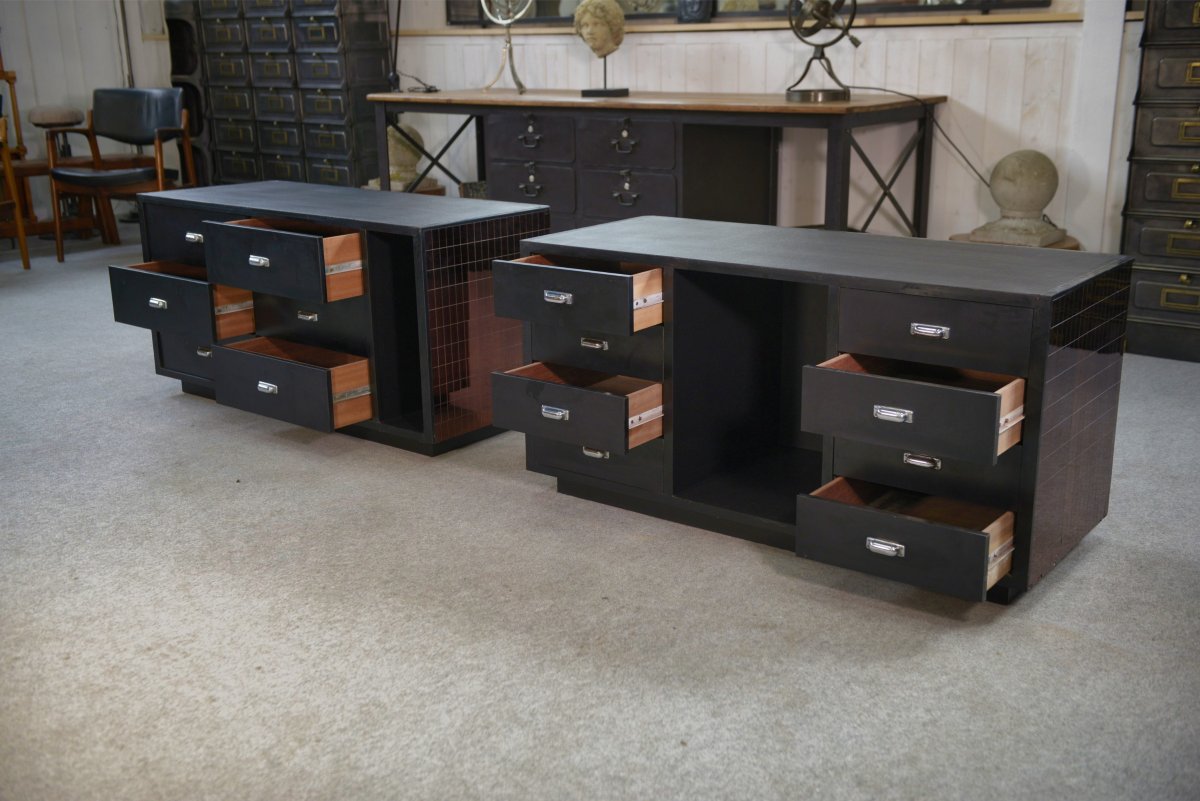 Set Of 2 Vanity Tables/jewelry Counters With Smoked-glass Mirrors And Drawers, From The 1970s-photo-2