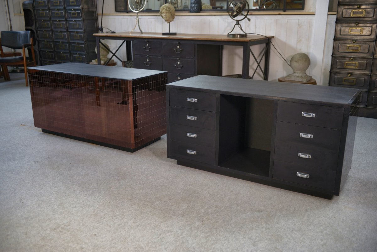 Set Of 2 Vanity Tables/jewelry Counters With Smoked-glass Mirrors And Drawers, From The 1970s