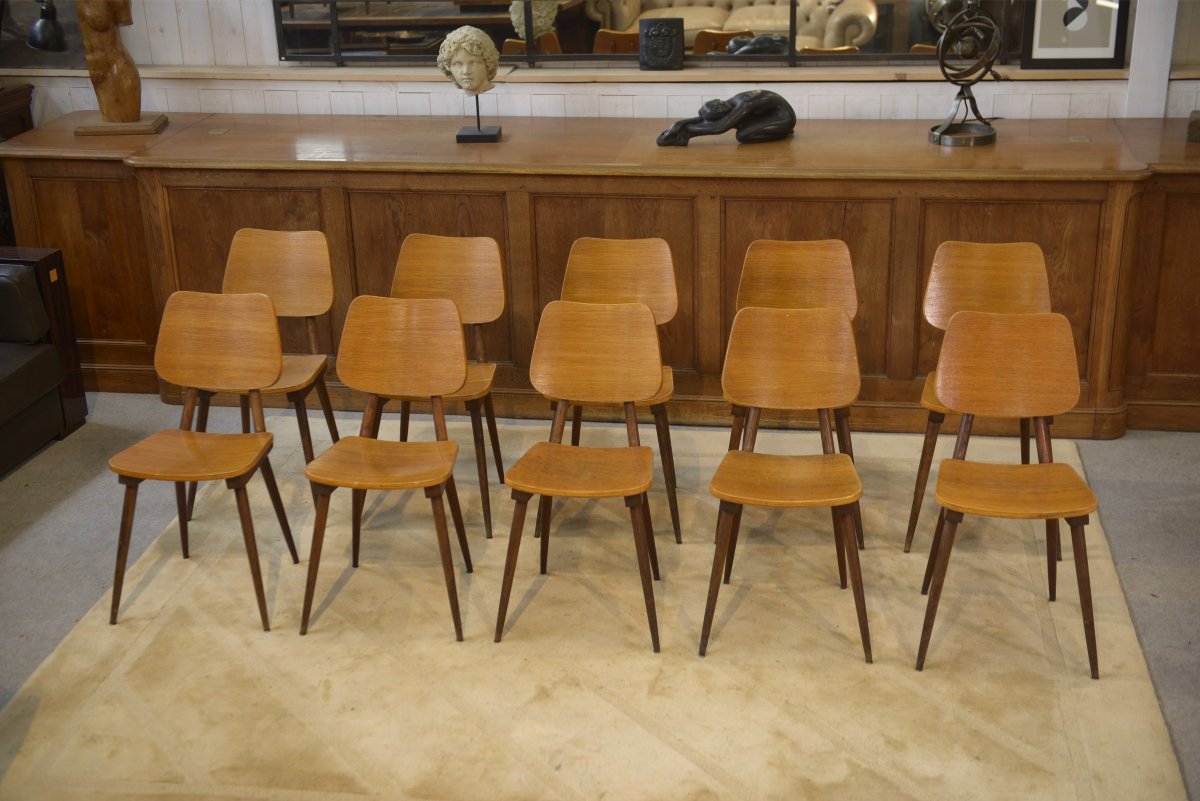 Ensemble de 10 chaises en chêne 1960's-photo-3