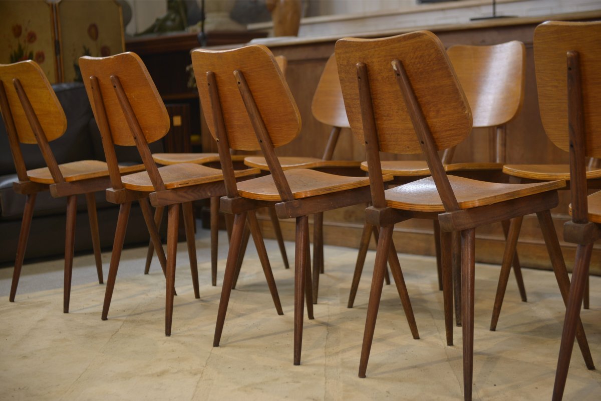 Ensemble de 10 chaises en chêne 1960's-photo-4