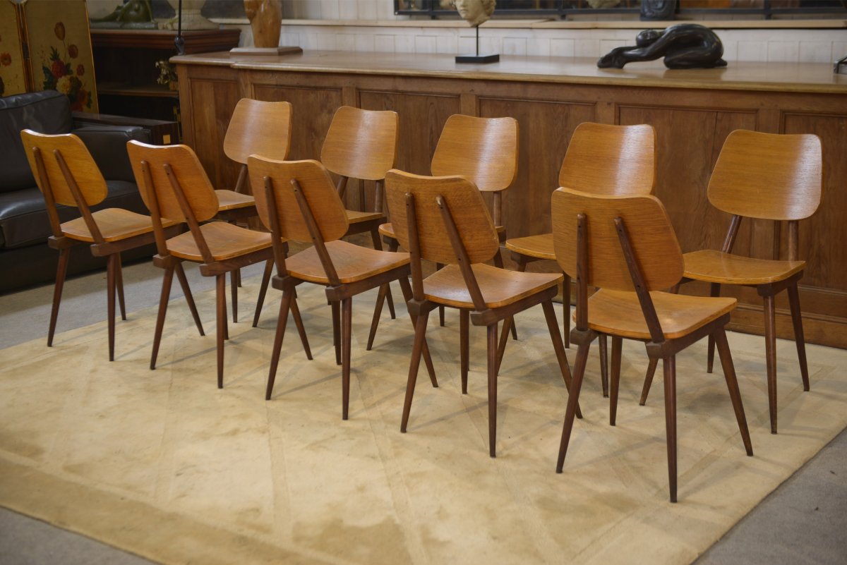 Ensemble de 10 chaises en chêne 1960's-photo-6