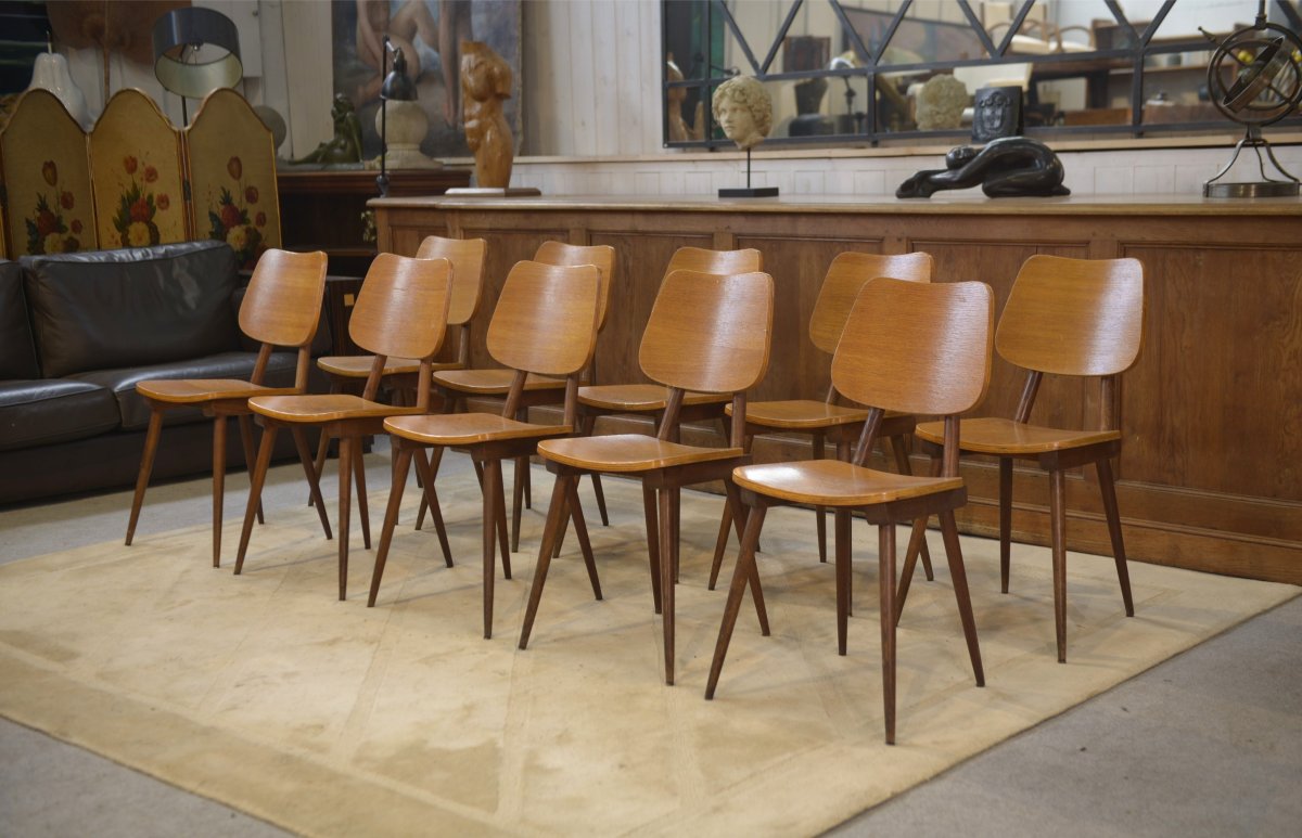 Ensemble de 10 chaises en chêne 1960's
