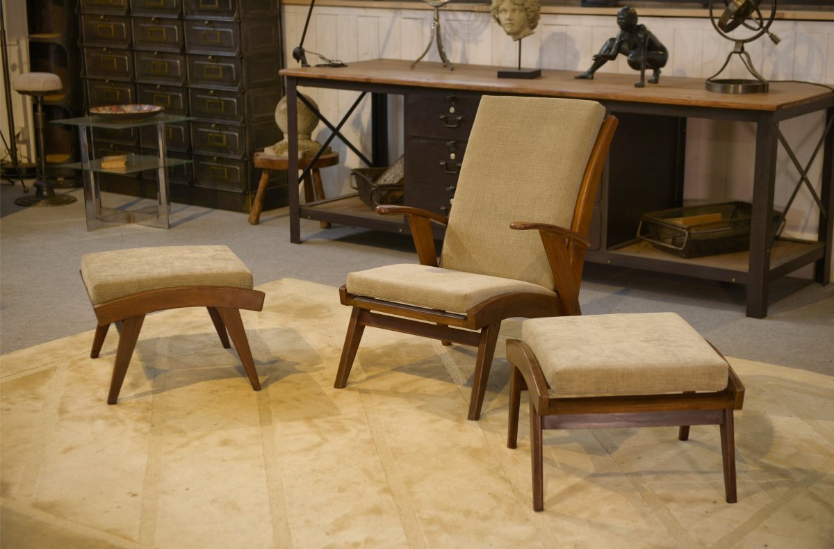 Scandinavian Armchair And Two Ottomans From The 1960s