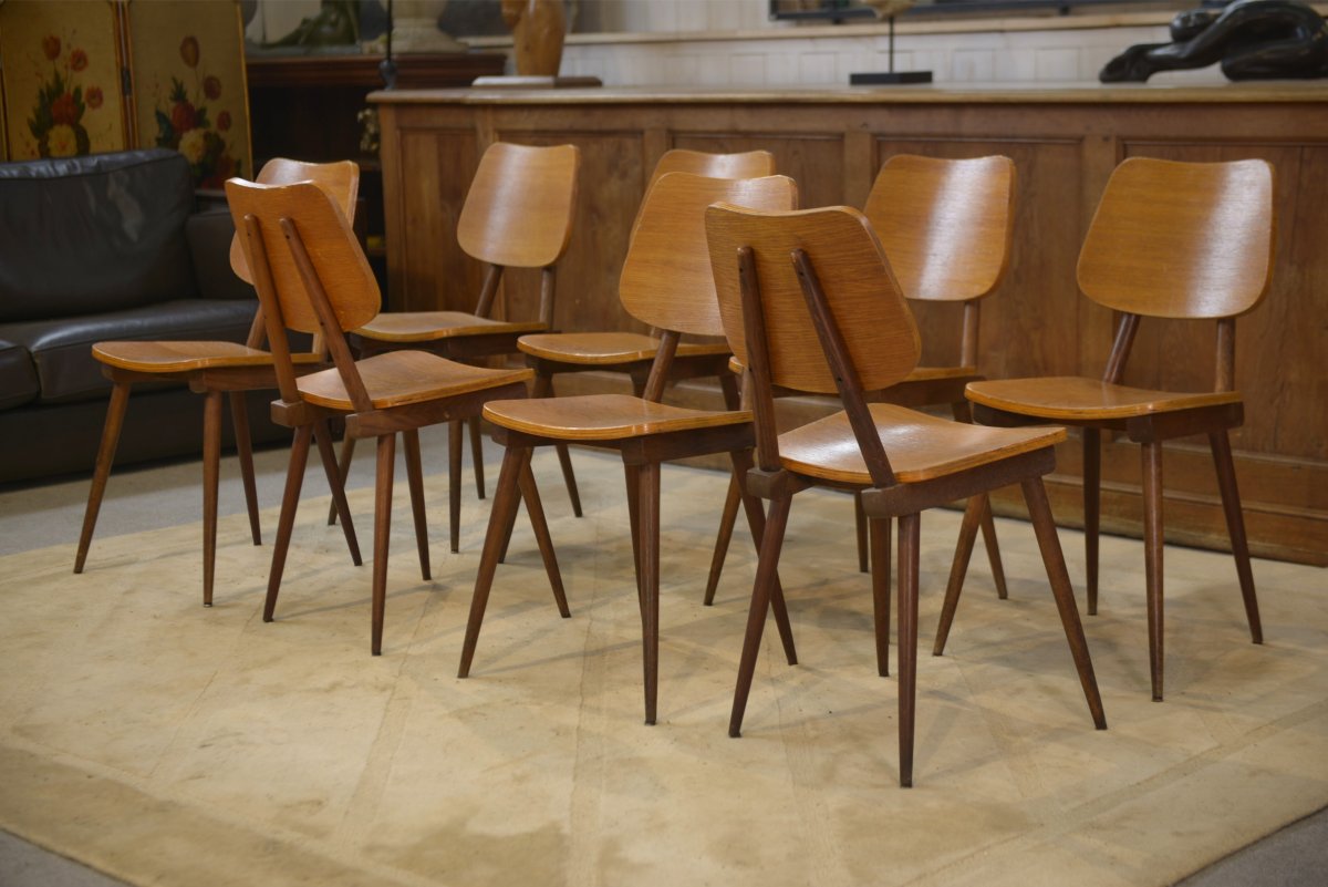 Ensemble de 8 chaises en chêne 1960's-photo-2