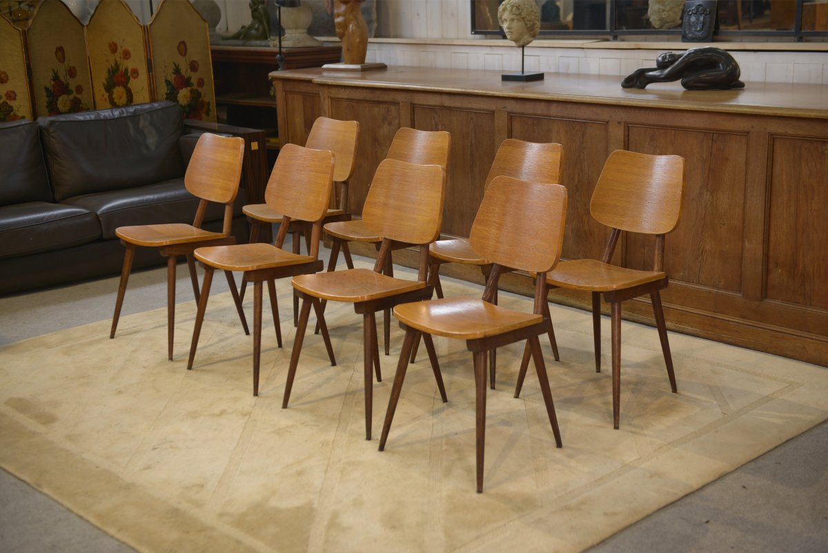 Ensemble de 8 chaises en chêne 1960's
