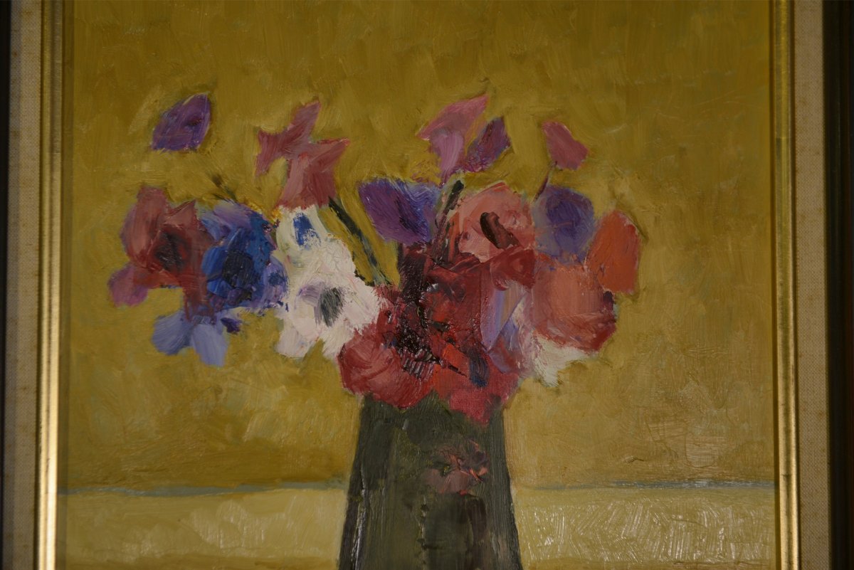 Tableau huile sur toile nature morte post-impressionniste Les Anémones de Arthur Van Hecke 1980-photo-3
