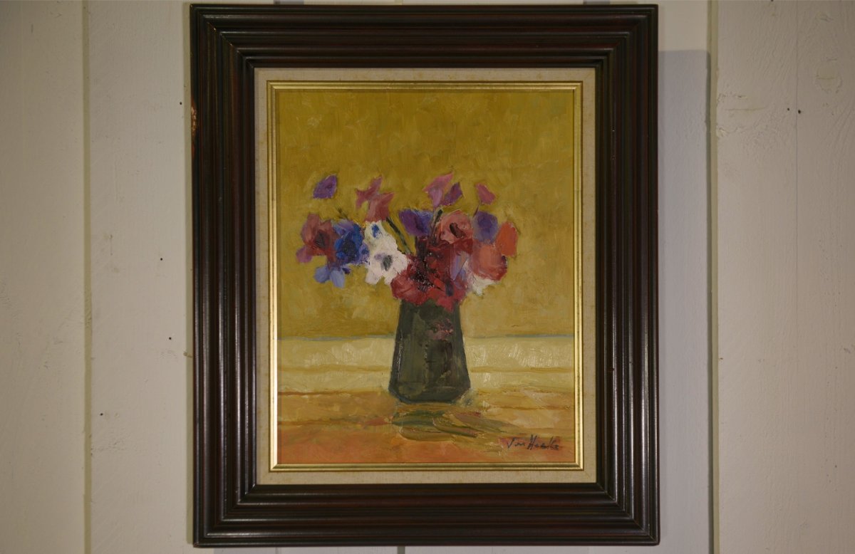 Tableau huile sur toile nature morte post-impressionniste Les Anémones de Arthur Van Hecke 1980-photo-1