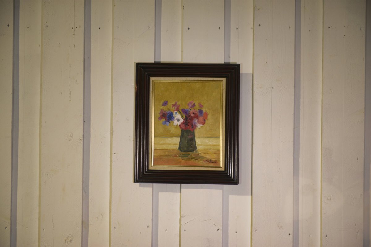Tableau huile sur toile nature morte post-impressionniste Les Anémones de Arthur Van Hecke 1980-photo-2