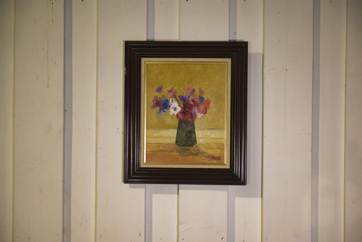 Tableau huile sur toile nature morte post-impressionniste Les Anémones de Arthur Van Hecke 1980