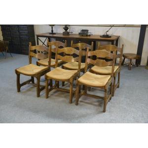 Ensemble de 6 chaises en chêne massif dans le goût de  Guillerme et Chambron 1950's