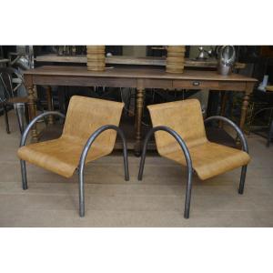 Pair Of Vintage Design Armchairs In Metal And Wood, 1950s