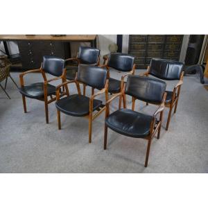 Ensemble de 6 fauteuils scandinaves en cuir et palissandre par Gondo Gravesen 1960's