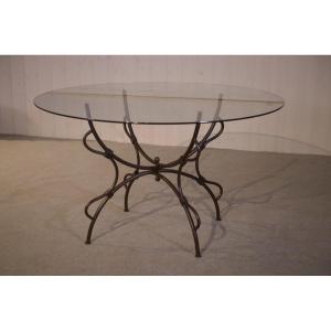 Folding Wrought Iron Table With Glass Top, Indoor/outdoor, 1960s