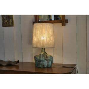 Lampe en céramique brutaliste signé avec abat-jour en lin 1950's