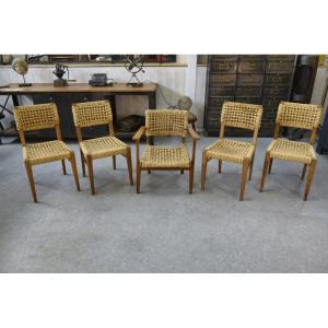 Set Of 6 Woven Rope Chairs By Adrien Audoux & Frida Minet For Vibo Versoul 1940's