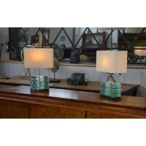 Paire de lampes brutalistes en verre brut et abat jour beige 1960's