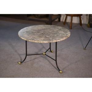 Marble Side Table With Wrought Iron Base And Brass Balls In The Style Of Jean Royère