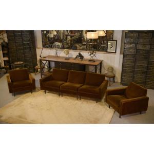 Ensemble canapé et 2 fauteuils en velours marron 1960's