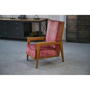 Oak And Velvet Armchair 1940's