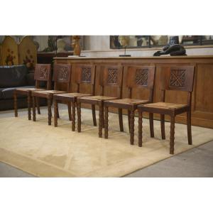 Ensemble de 6 chaises Charles Dudouyt en chêne 1950's
