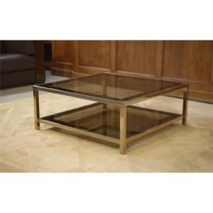 Table basse Hollywood Regency en verre fumé et encadrement miroité 1970's