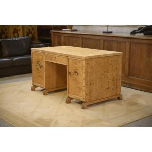 Bureau anglais en loupe de bouleau marqueterie en motif d'abeille 1950's