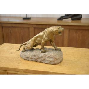 Bronze Panther On A Stone Pedestal, Signed By Thomas Cartier, 1900s