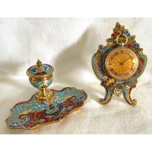 Porte Montre Et Petit Encrier En émail Cloisonné 