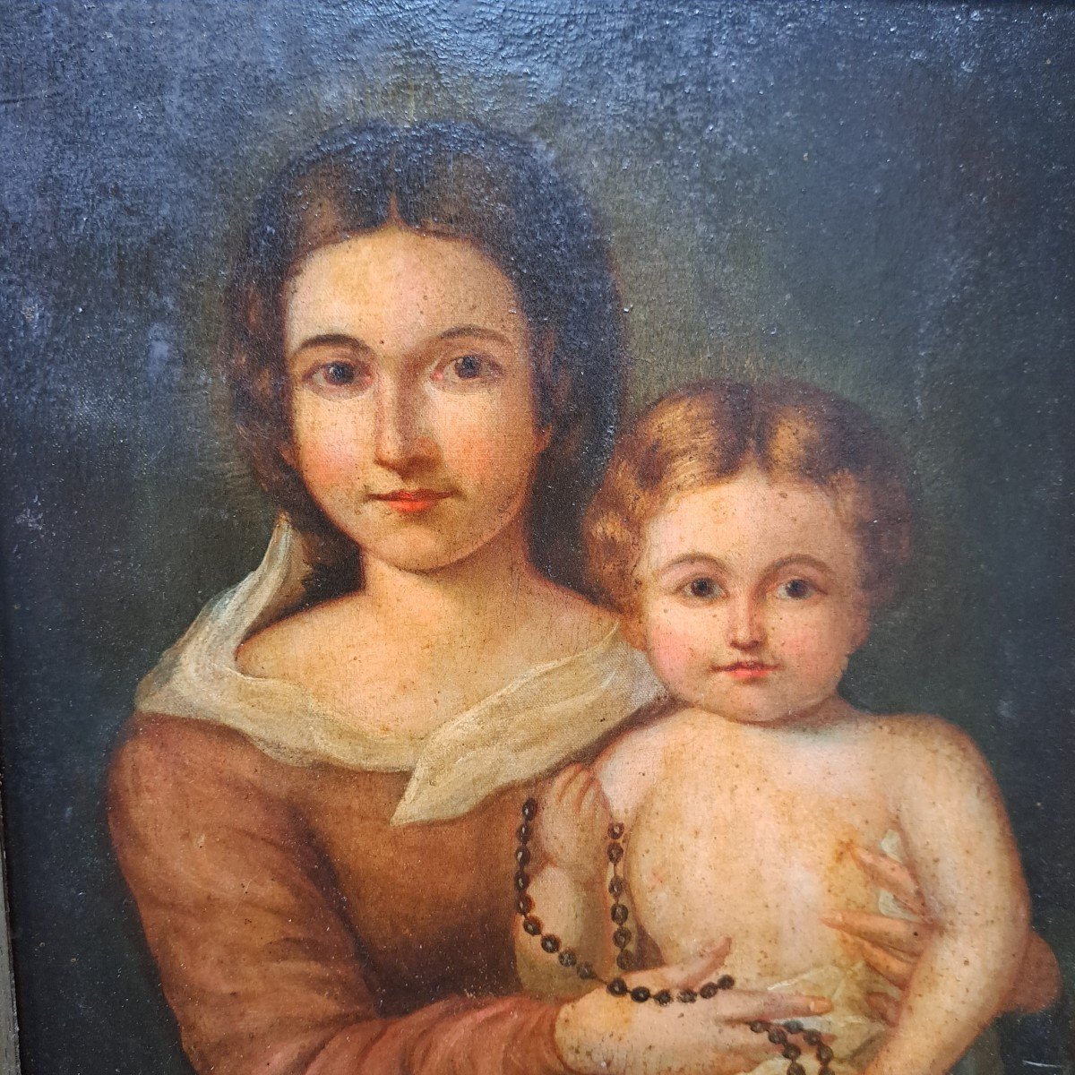Vierge Au Chapelet: huile sur bois.-photo-3