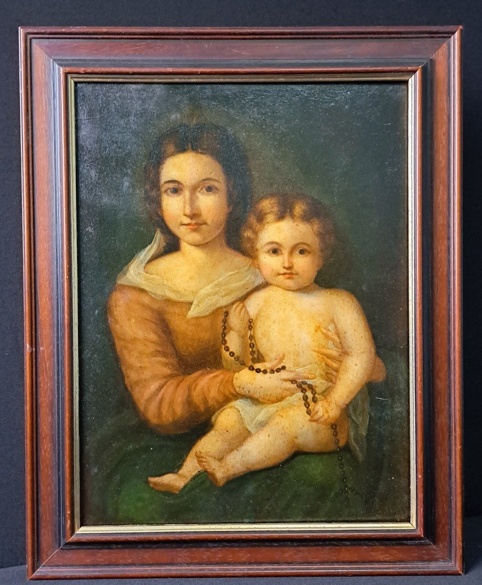 Vierge Au Chapelet: huile sur bois.