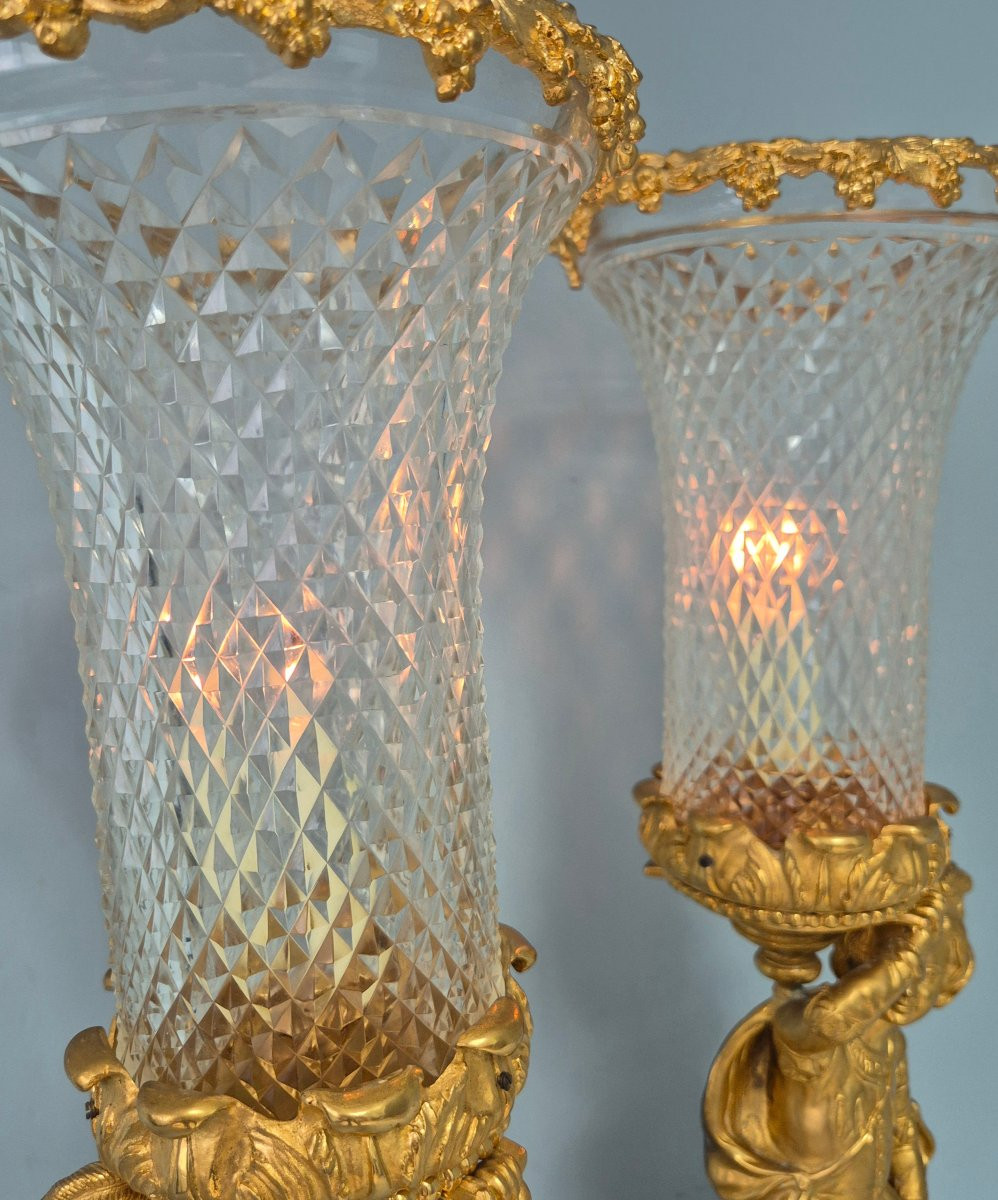 Important Pair Of Tealight Holders In Gilt Bronze And Cut Crystal.-photo-4