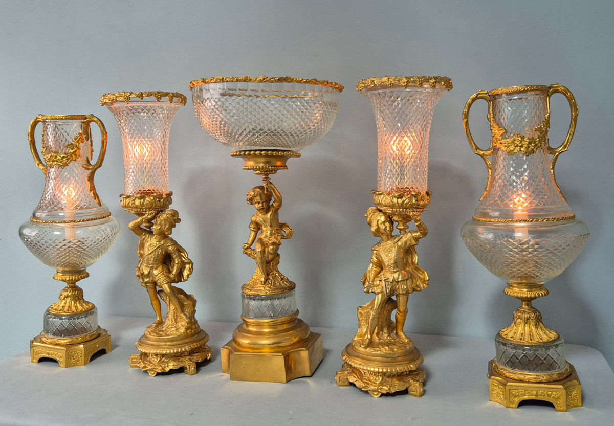 Important Pair Of Tealight Holders In Gilt Bronze And Cut Crystal.-photo-8