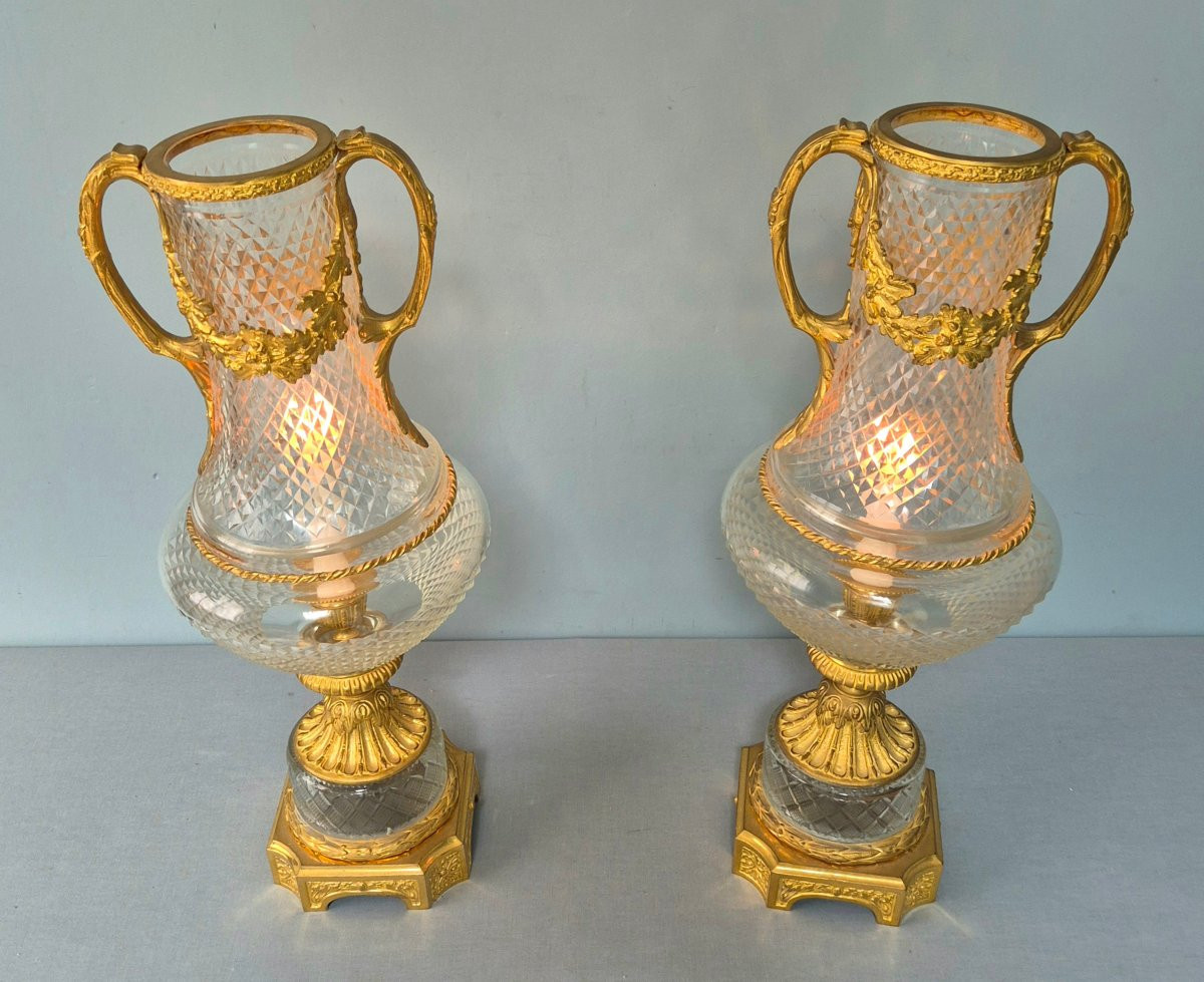 Importante Paire de Photophores en Bronze doré et cristal Taillé.-photo-4