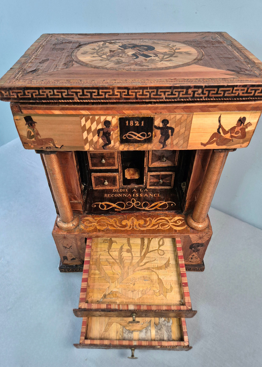 Straw Marquetry Writing Cabinet: Craftsman's Work And Masonic Decorations.-photo-3