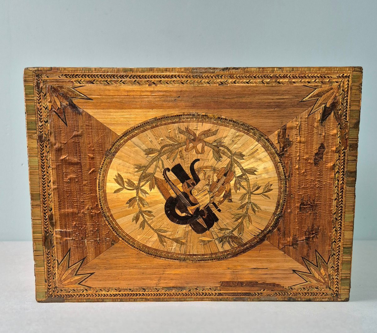 Straw Marquetry Writing Cabinet: Craftsman's Work And Masonic Decorations.-photo-3