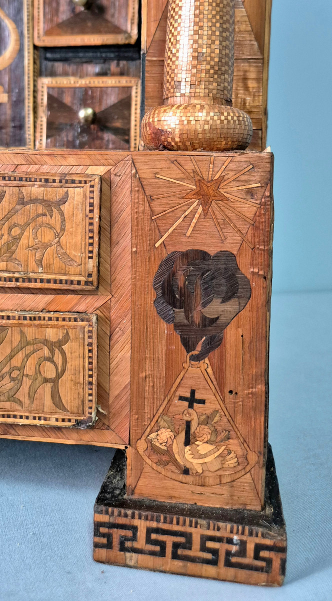 Straw Marquetry Writing Cabinet: Craftsman's Work And Masonic Decorations.-photo-8