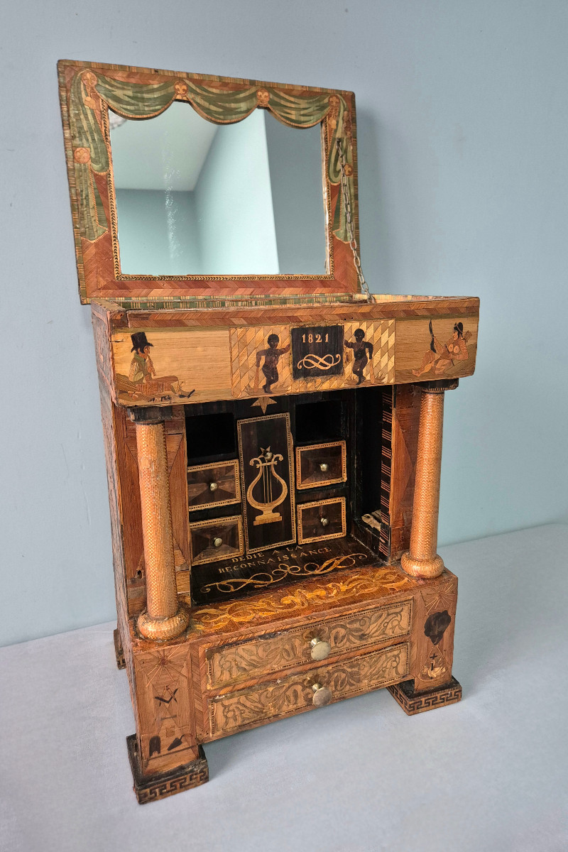 Straw Marquetry Writing Cabinet: Craftsman's Work And Masonic Decorations.