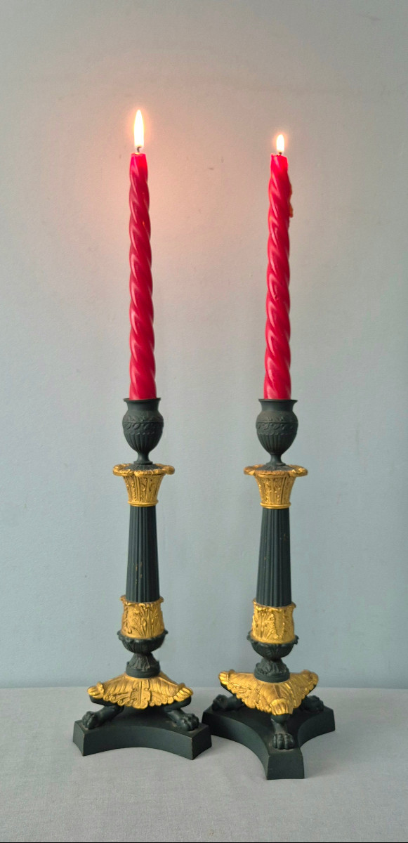Paire de flambeaux en bronze,  Empire: Lampes électrifiées.-photo-4