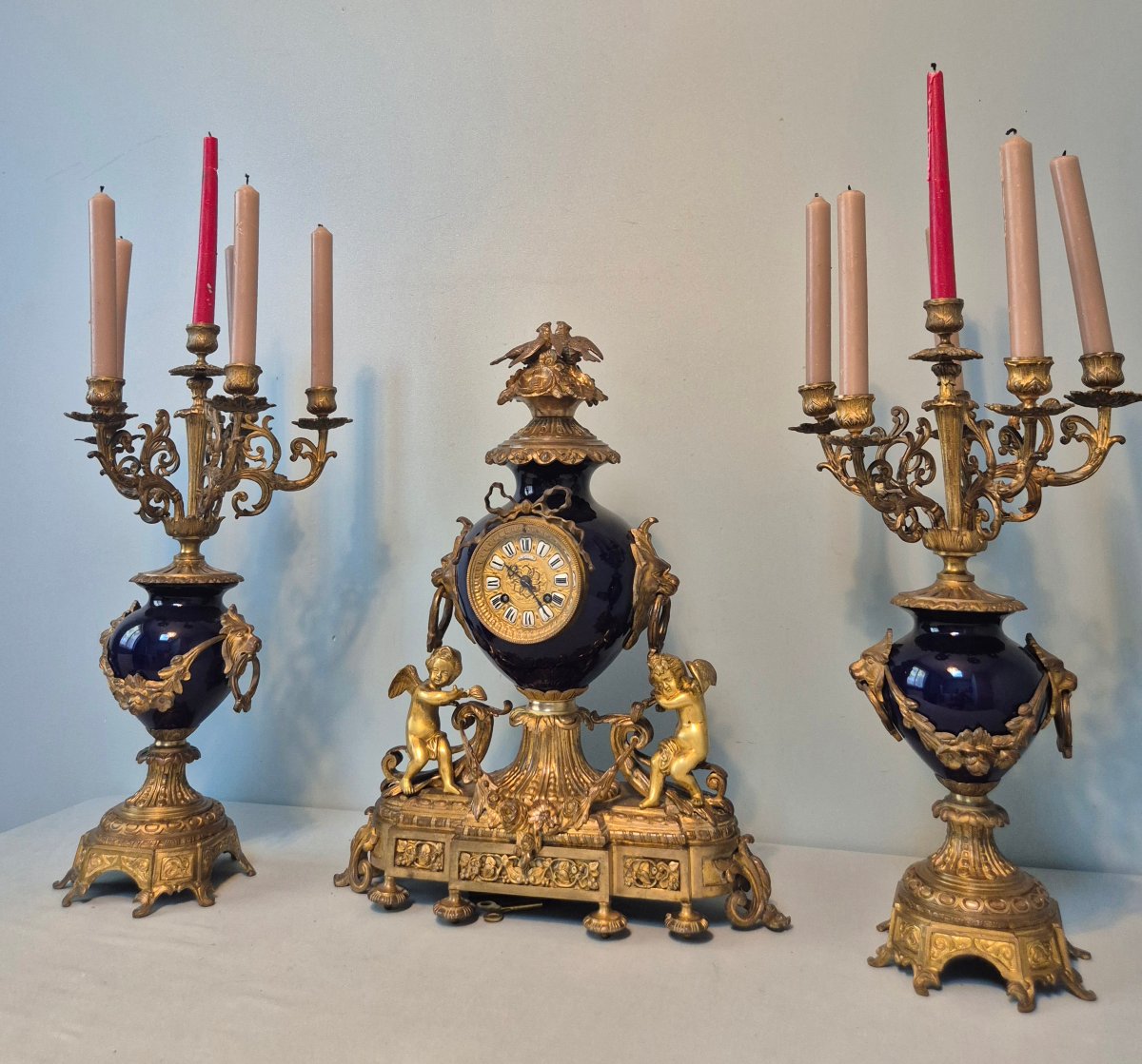 Midnight Blue And Gilded Bronze Fireplace Trim.-photo-2
