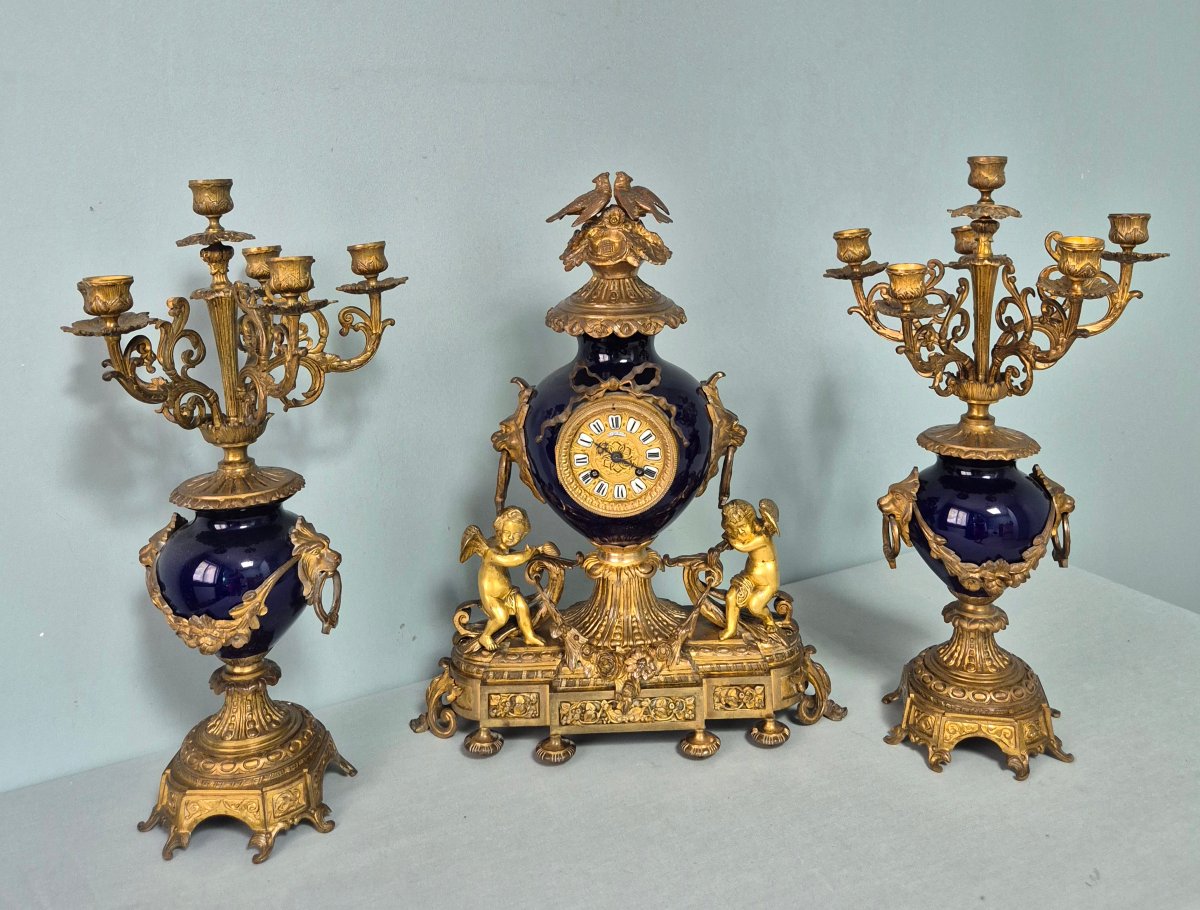 Midnight Blue And Gilded Bronze Fireplace Trim.-photo-3