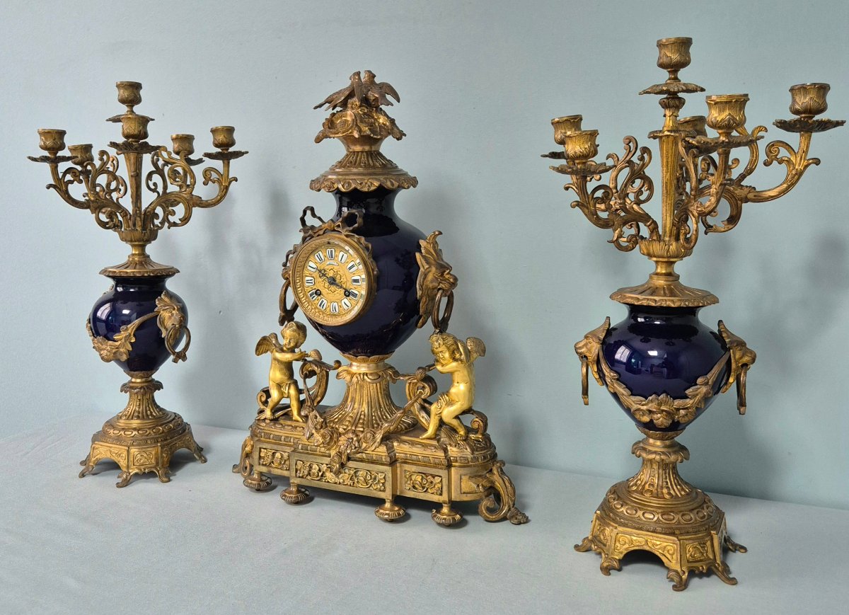 Midnight Blue And Gilded Bronze Fireplace Trim.-photo-8