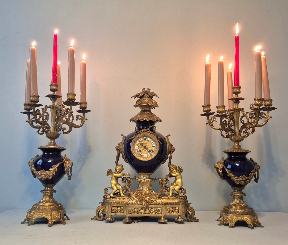 Midnight Blue And Gilded Bronze Fireplace Trim.