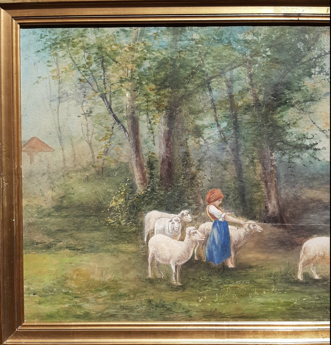 La Jeune Bergère : tableau Gouache Sur Papier 19eme Siècle-photo-1