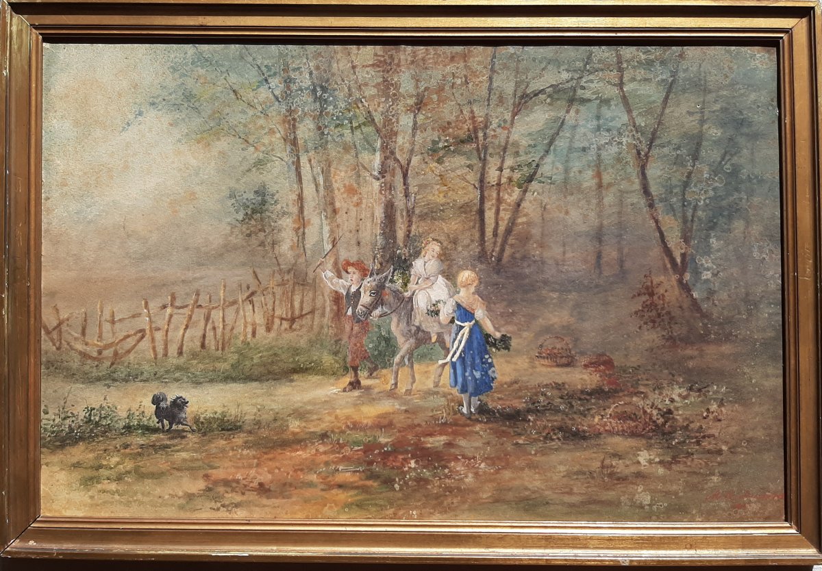 Young People At The Wood: Gouache Painting On Paper 19th Century-photo-2