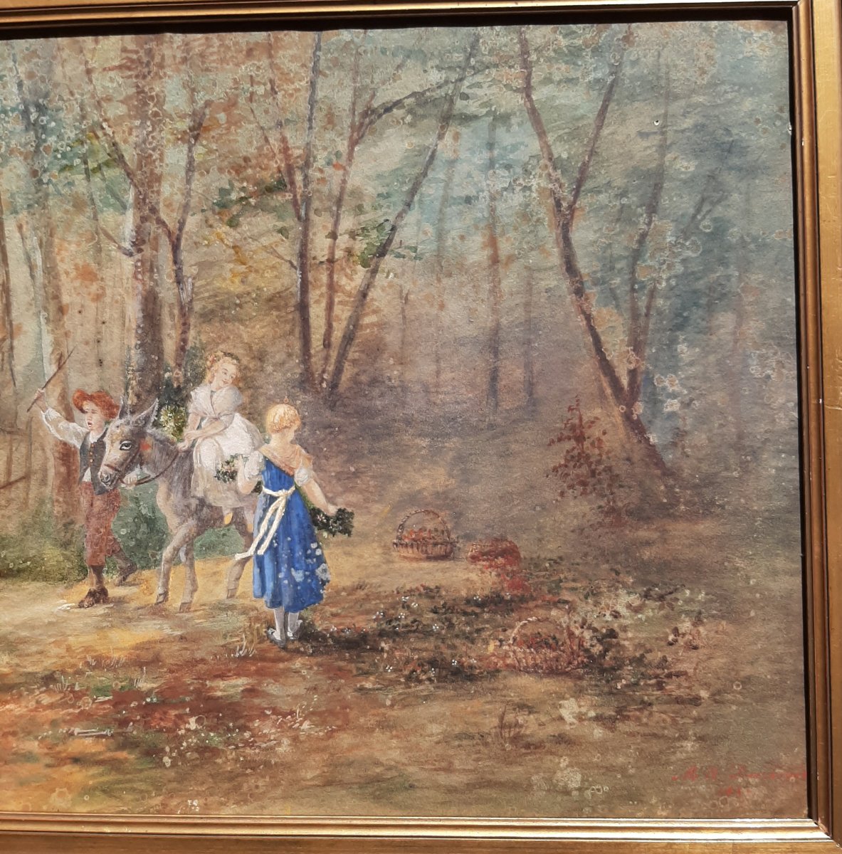 Young People At The Wood: Gouache Painting On Paper 19th Century-photo-4
