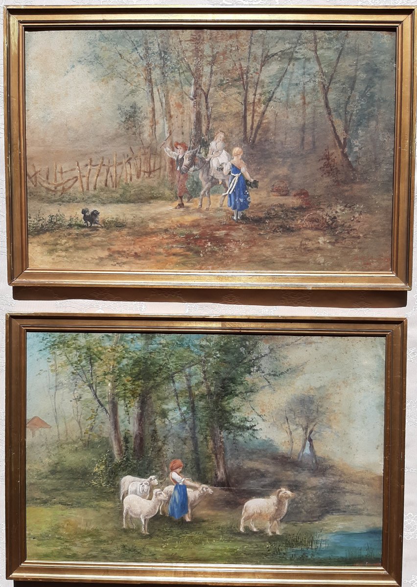 Young People At The Wood: Gouache Painting On Paper 19th Century-photo-6